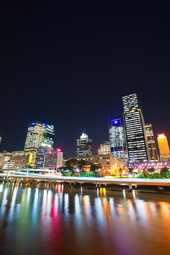 Brisbane skyline at night reflected in Brisbane River, Brisbane, Queensland, Australia, Pacific