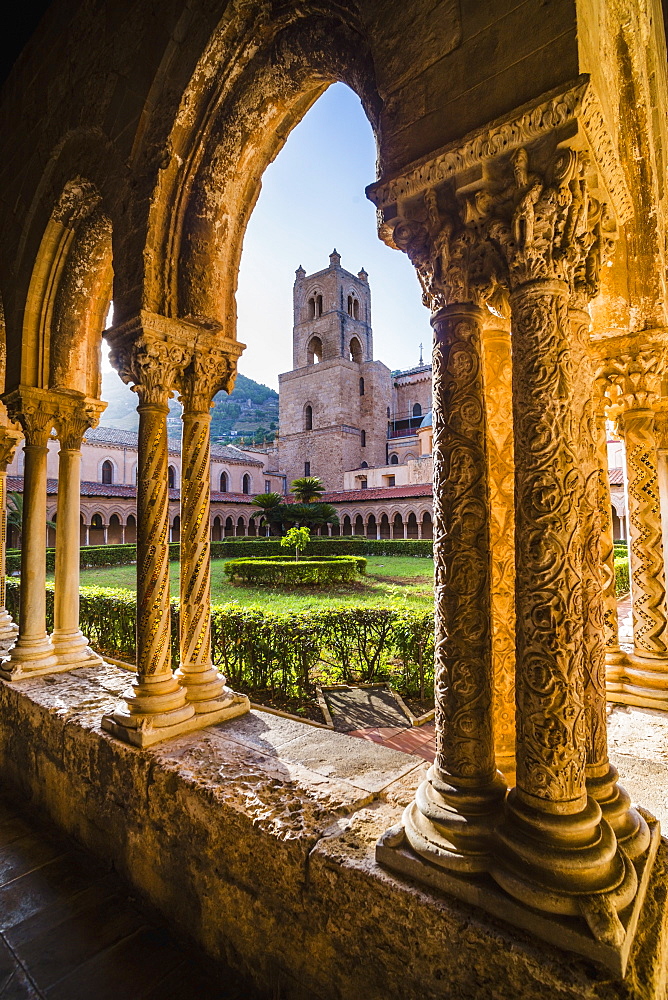 Monreale Cathedral (Duomo di Monreale), columns in the courtyard gardens, Monreale, near Palermo, Sicily, Italy, Europe 