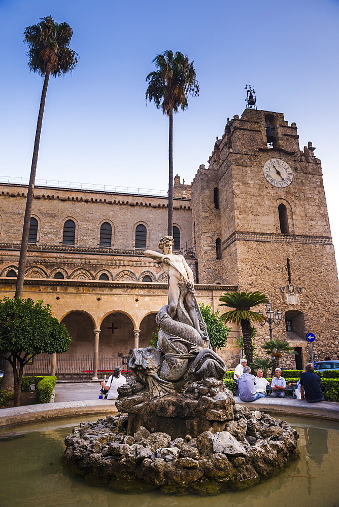 Monreale Cathedral (Duomo), and fountain in Guglielmo Square in Monreale, near Palermo, Sicily, Italy, Europe