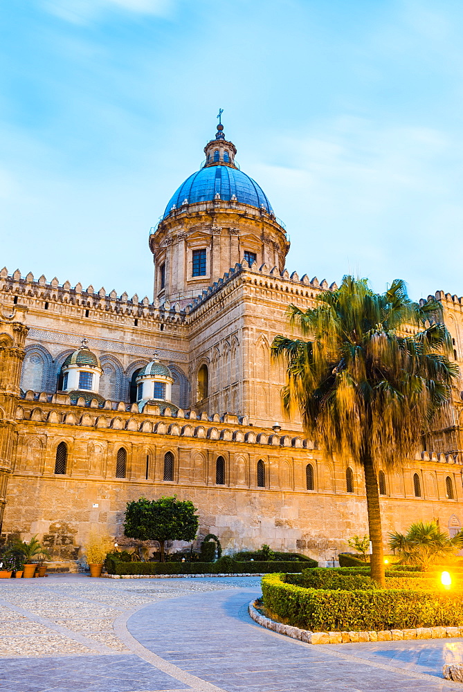 Duomo di Palermo (Palermo Cathedral) at night, Palermo, Sicily, Italy, Europe 