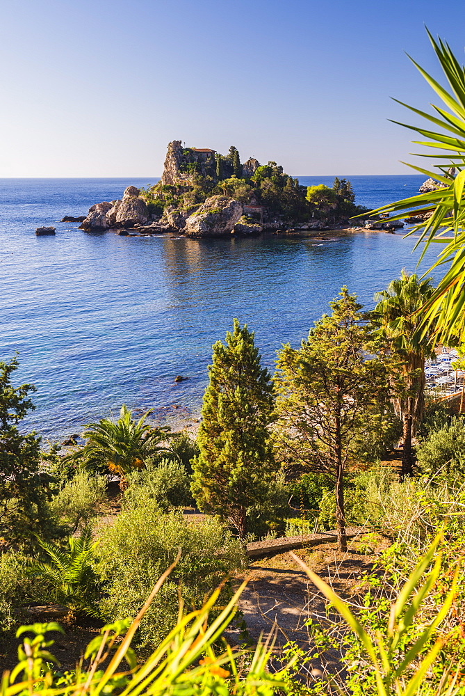 Isola Bella Island seen from the long walk up to the cente of Taormina, Sicily, Italy, Mediterranean, Europe 