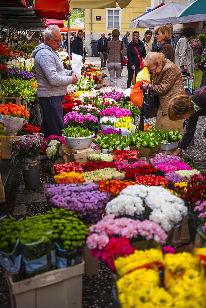 Flower stall owner in Ljubljana Central Market on a Saturday in Vodnikov Trg, Ljubljana, Slovenia, Europe