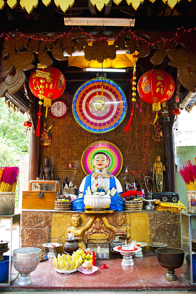 Neon Buddhist display in a Buddhist temple in Phnom Penh, Cambodia, Indochina, Southeast Asia, Asia