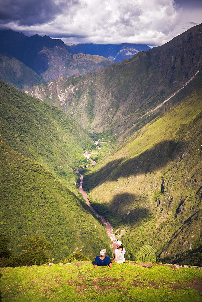 Tourists at Winaywayna Inca Ruins, on Inca Trail Trek day 3, Cusco Region, Peru, South America