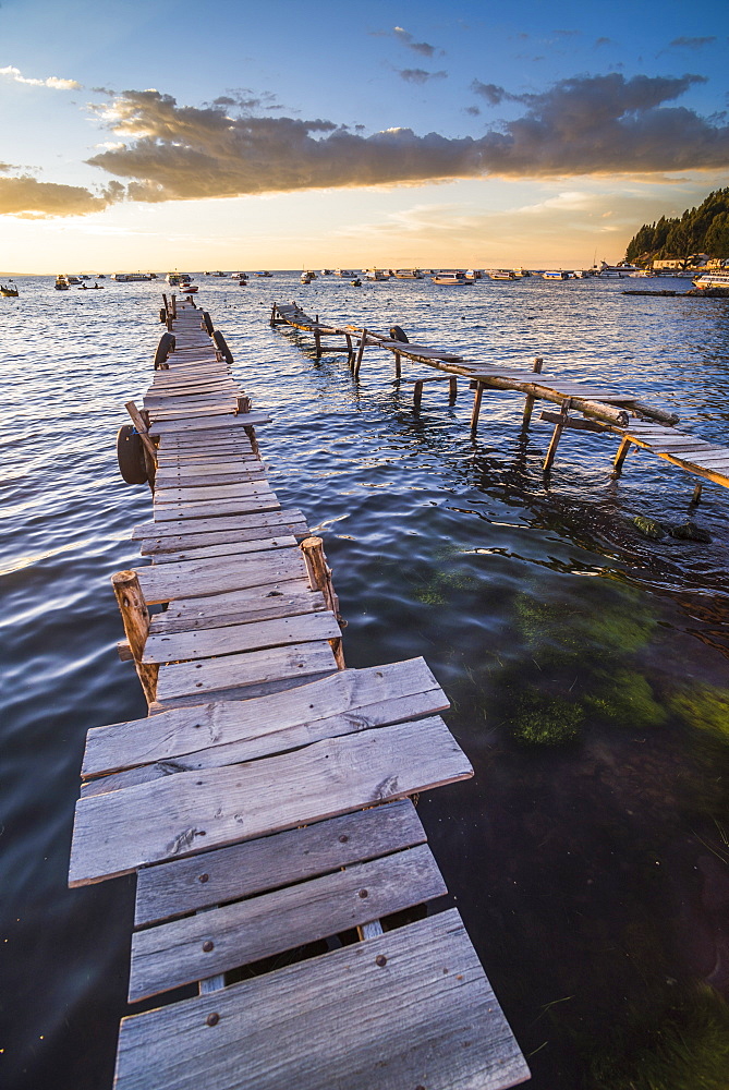 Lake Titicaca pier at sunset, Copacabana, Bolivia, South America