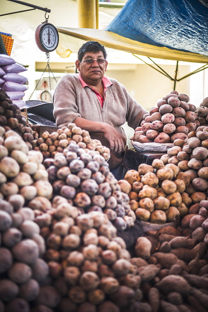 Portrait of potato vendor at his market stall at San Camilo Market (Mercado San Camilo), Arequipa, Peru, South America