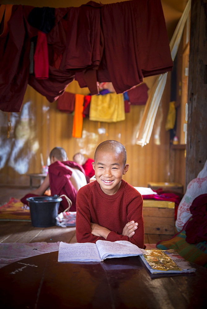 Novice Buddhist monk at a Buddhist monastery at Inle Lake, Shan State, Myanmar (Burma), Asia