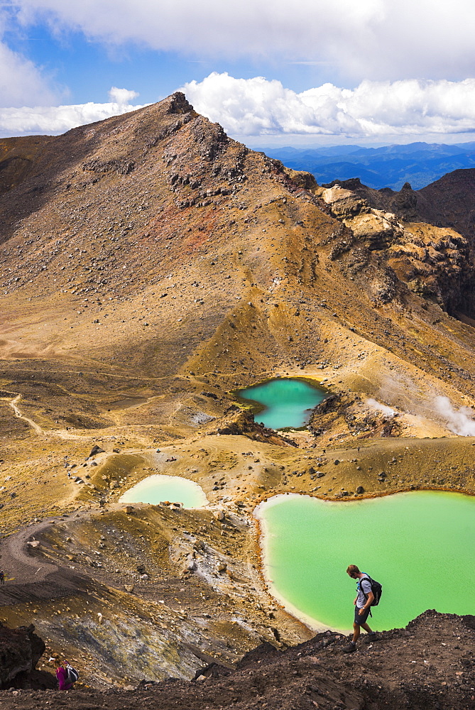 Hiking at the Emerald Lakes, Tongariro Alpine Crossing Trek, Tongariro National Park, UNESCO World Heritage Site, North Island, New Zealand, Pacific