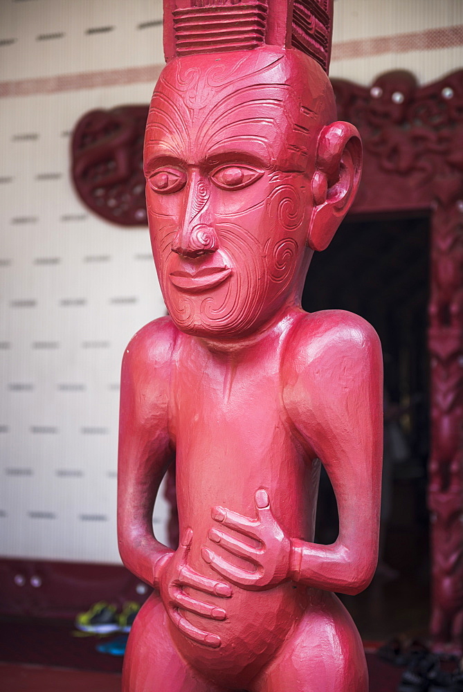 Wooden carving at a Maori Meeting House, Waitangi Treaty Grounds, Bay of Islands, Northland Region, North Island, New Zealand, Pacific