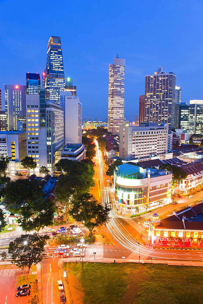 Night time light trails of the business district, Chinatown, Singapore, Southeast Asia, Asia