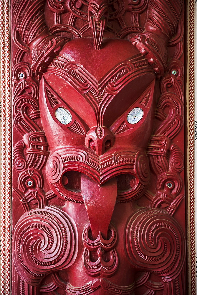 Wooden carving at a Maori Meeting House, Waitangi Treaty Grounds, Bay of Islands, Northland Region, North Island, New Zealand, Pacific