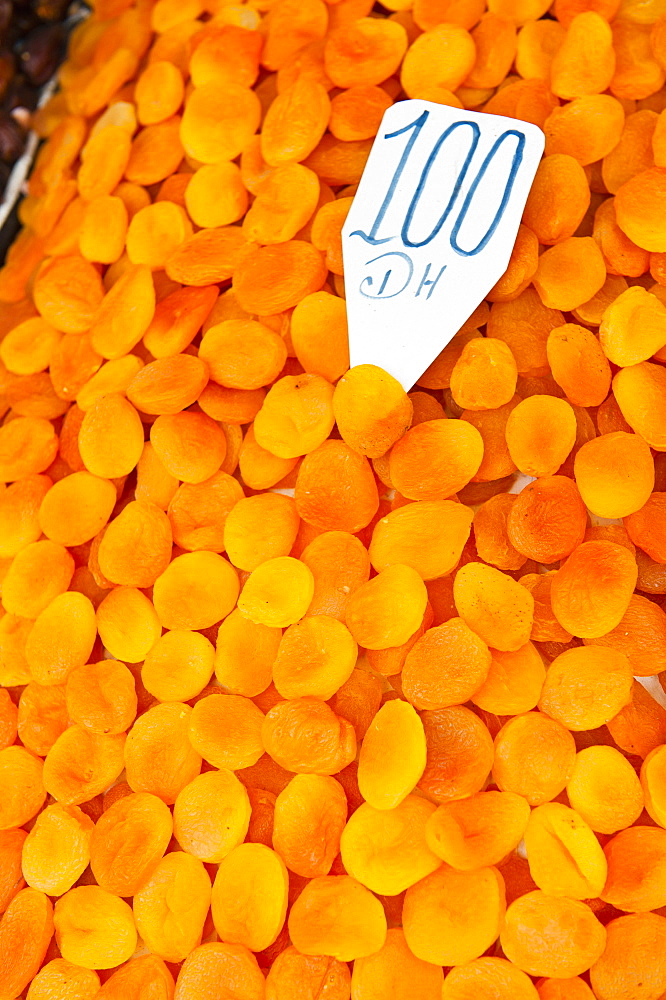 Dried apricots for sale in the souks in Djemaa El Fna, Marrakech, Morocco, North Africa, Africa 