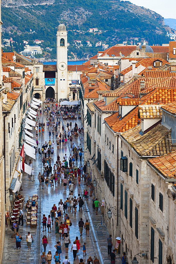 Dubrovnik City Bell Tower and Stradun, from Dubrovnik City Walls, UNESCO World Heritage Site, Dubrovnik, Dalmatian Coast, Croatia, Europe 