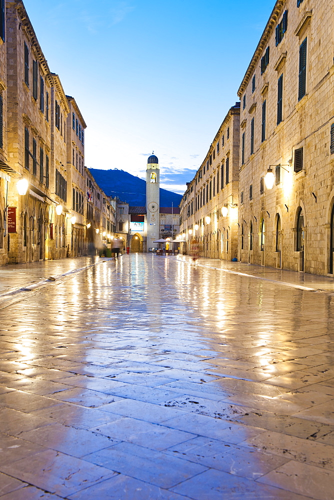 City Bell Tower on Stradun, the main street in Dubrovnik Old Town at night, UNESCO World Heritage Site, Dubrovnik, Croatia, Europe 