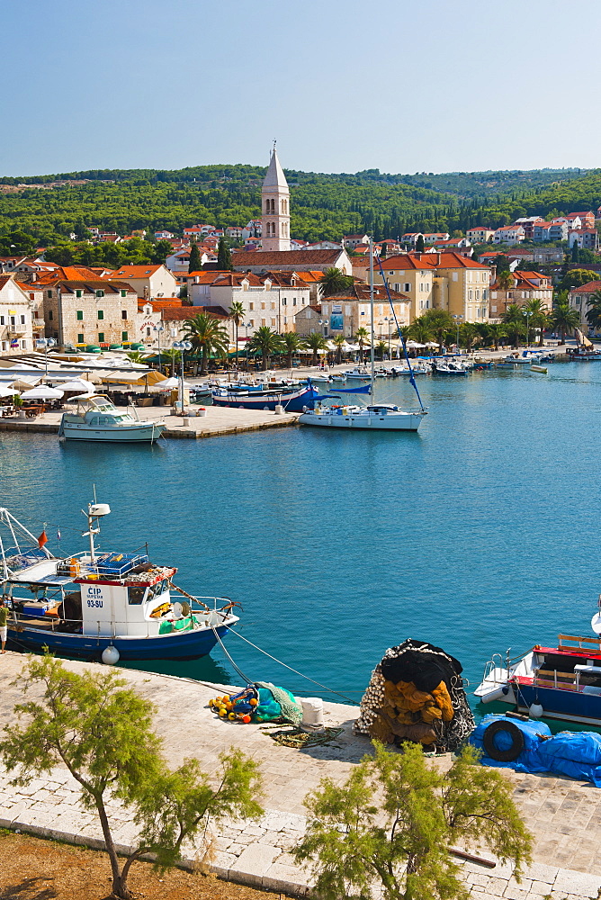 Supetar Harbour and the Church of the Annunciation, Brac Island, Dalmatian Coast, Adriatic, Croatia, Europe 