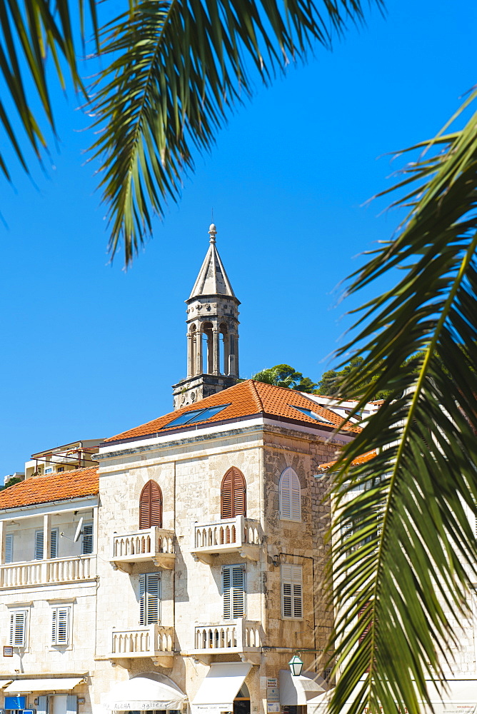 Church bell tower in Hvar town centre, Hvar Island, Dalmatian Coast, Croatia, Europe 