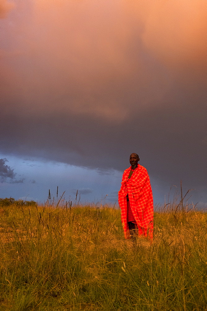 A Masai Mara man wearing traditional tribal red blanket, Masai Mara National Park, Kenya, East Africa, Africa