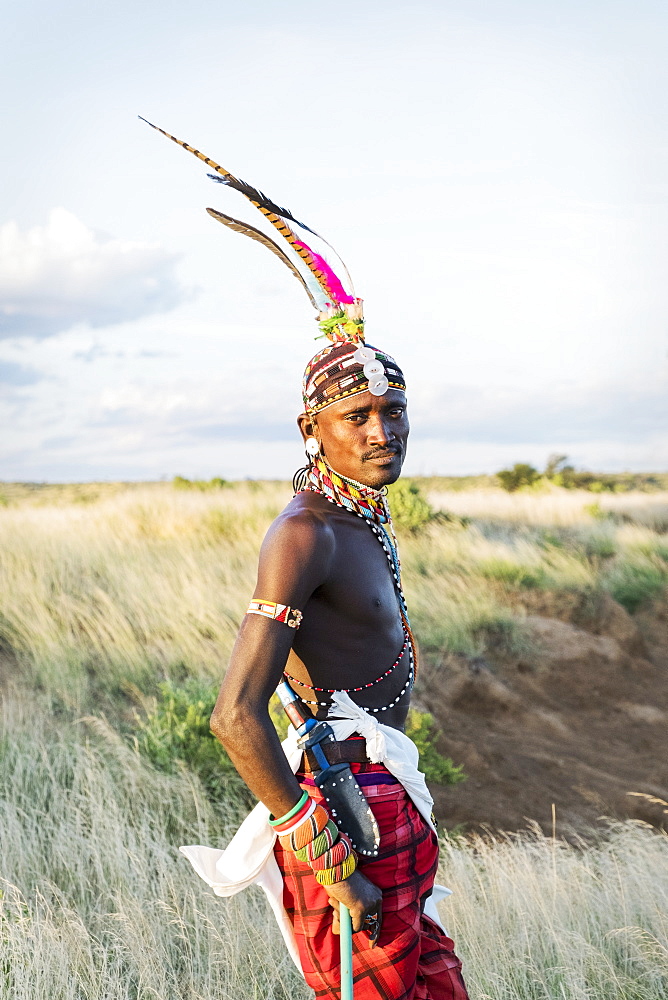 Portrait of a single Samburu tribal member in traditional clothing, Kenya, East Africa, Africa