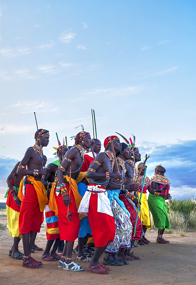 Portrait of Samburu tribe members dancing the traditional wedding dance at dusk, Kenya, East Africa, Africa