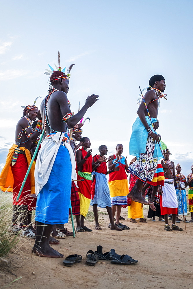 Portrait of Samburu tribe members jumping at traditional wedding dance at dusk, Kenya, East Africa, Africa