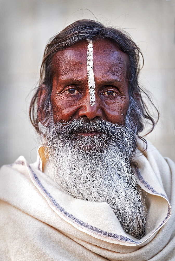 Portrait of Sadhu with white stripe in Varanasi, India, Asia