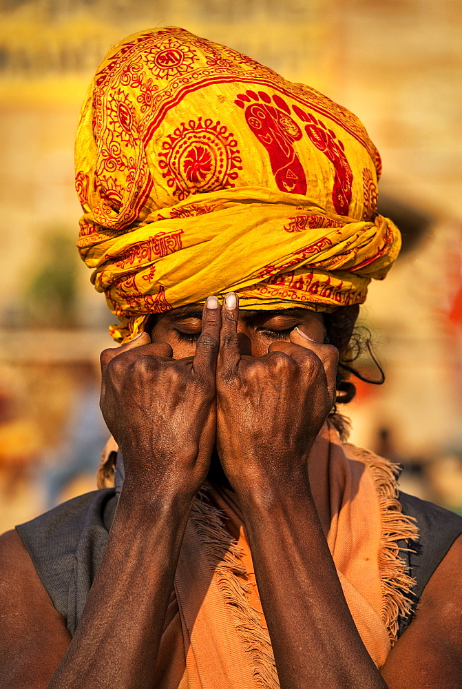 Sadhu practicing murdras in Varanasi, India, Asia