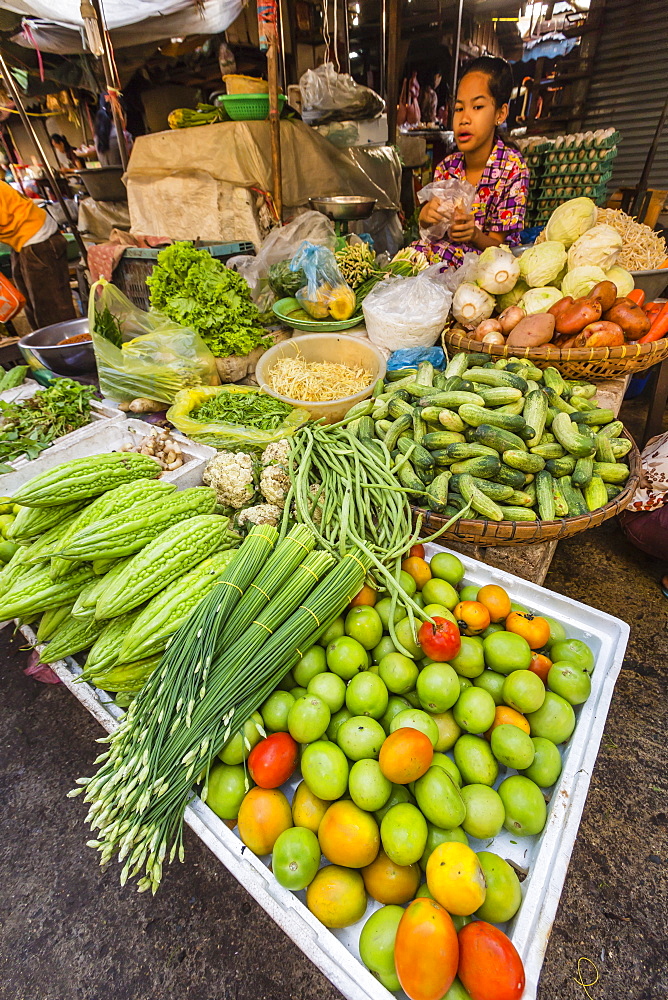 Fresh vegetables at street market in the capital city of Phnom Penh, Cambodia, Indochina, Southeast Asia, Asia