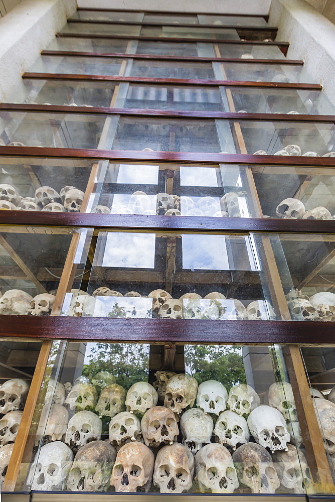 Monument filled with human skulls at the Killing Fields of Choueng Ek, victims under the Khmer Rouge, Phnom Penh, Cambodia, Indochina, Southeast Asia, Asia 