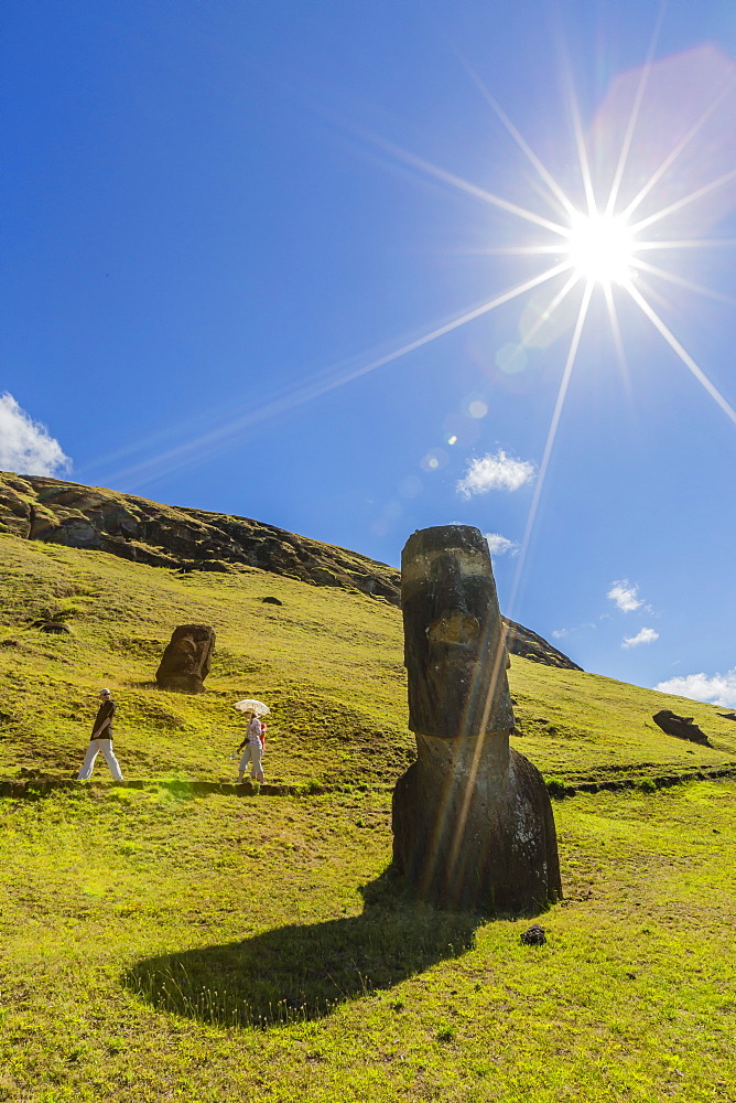 Rano Raraku, the quarry site for all moai statues on Easter Island (Isla de Pascua) (Rapa Nui), UNESCO World Heritage Site, Chile, South America 