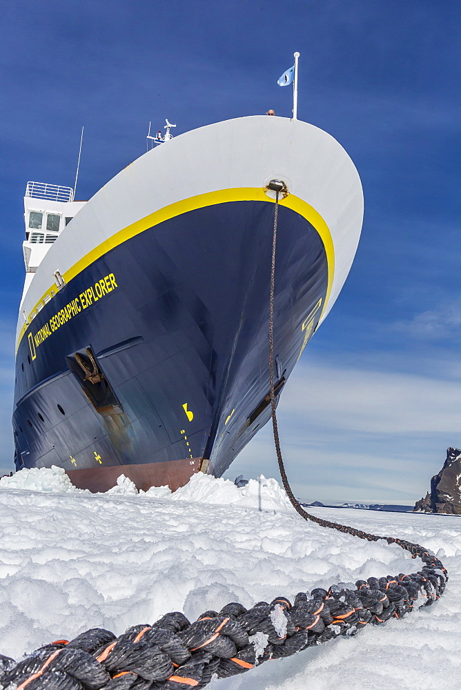 The Lindblad Expeditions ship National Geographic Explorer wedged into fast ice, Duse Bay, Weddell Sea, Antarctica, Polar Regions