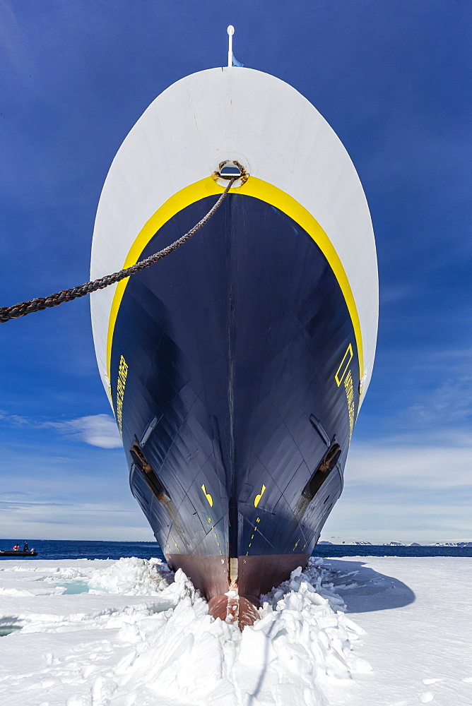 The Lindblad Expeditions ship National Geographic Explorer wedged into fast ice, Duse Bay, Weddell Sea, Antarctica, Polar Regions