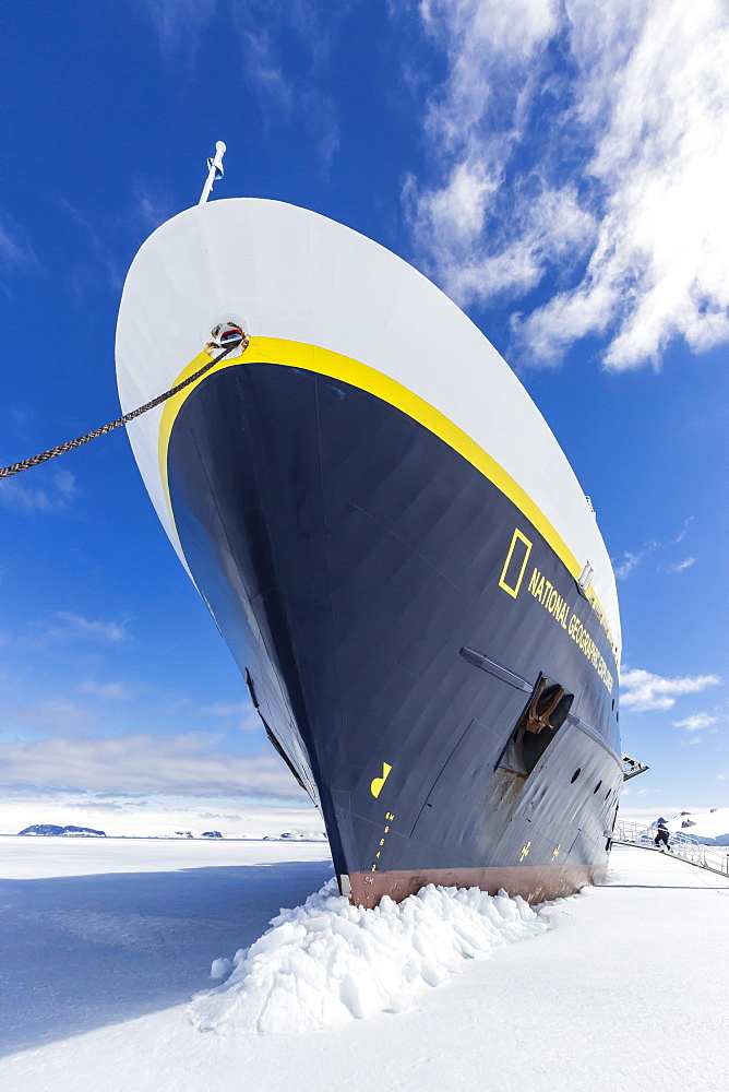 The Lindblad Expeditions ship National Geographic Explorer wedged into fast ice, Duse Bay, Weddell Sea, Antarctica, Polar Regions