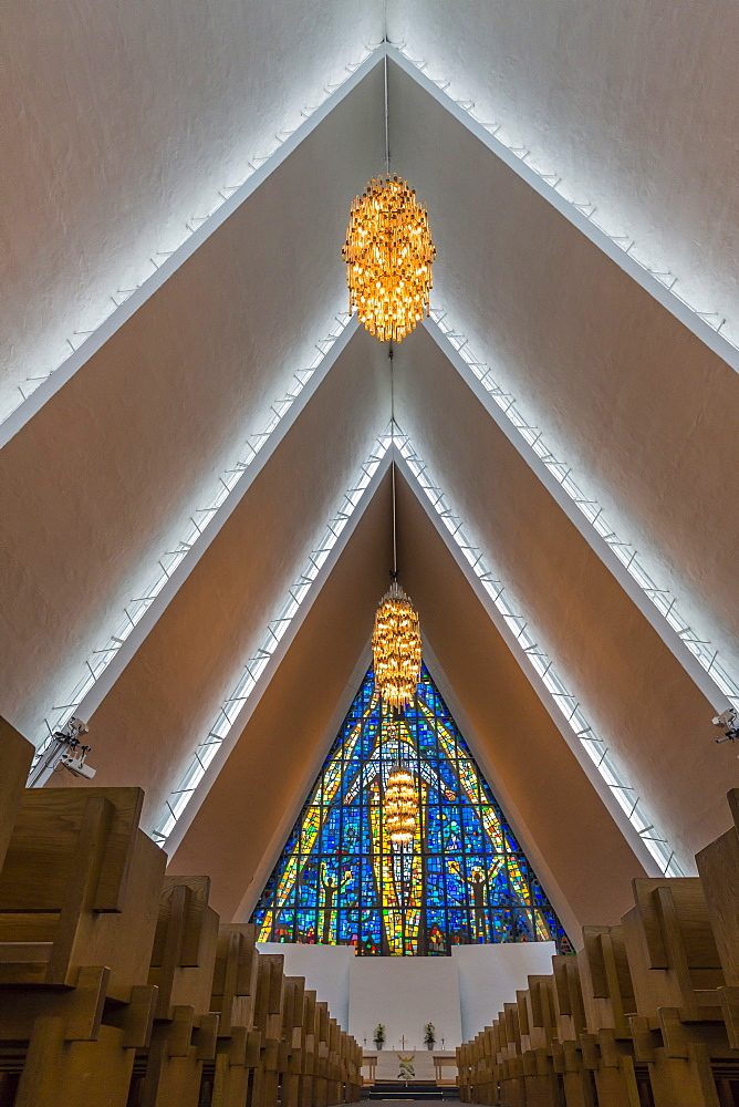 Interior view of the triangular repeating ceiling in The Arctic Cathedral, Tromso, Norway, Scandinavia, Europe