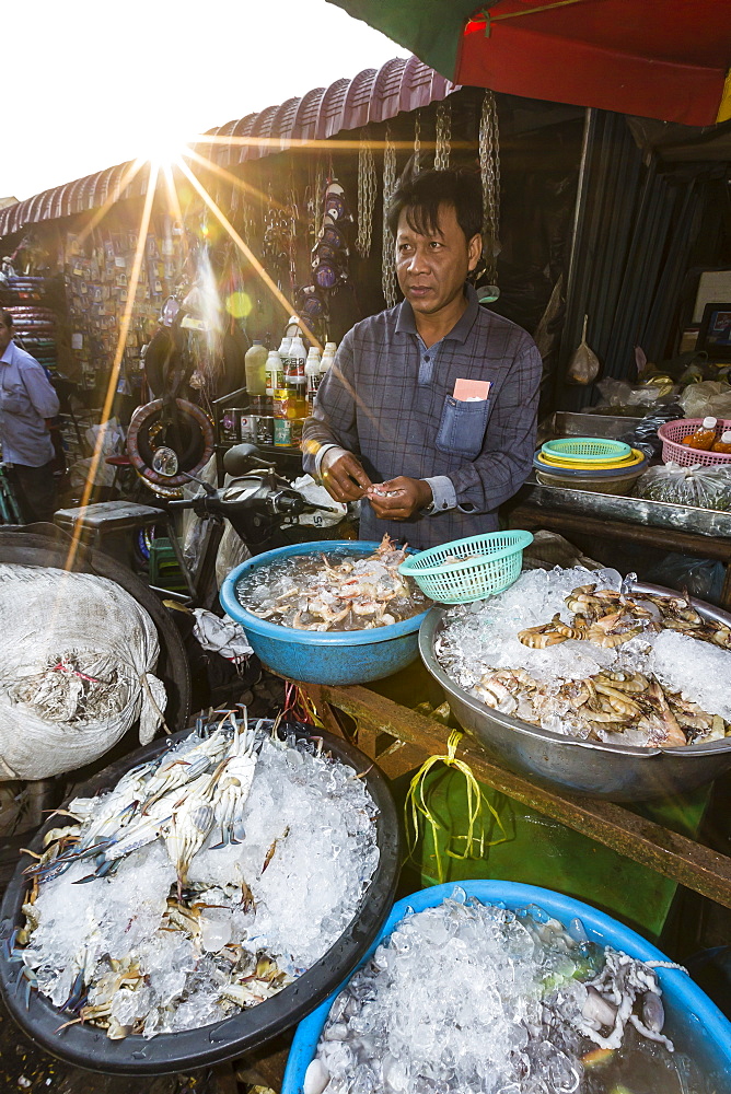 Vendor selling fresh seafood at market in the capital city of Phnom Penh, Cambodia, Indochina, Southeast Asia, Asia