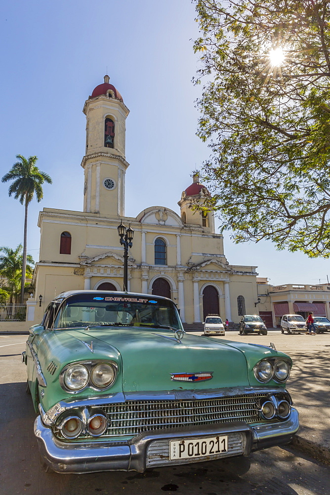 Classic 1958 Chevrolet Bel Air taxi, locally called an almendrone in the town of Cienfuegos, Cuba, West Indies, Caribbean, Central America