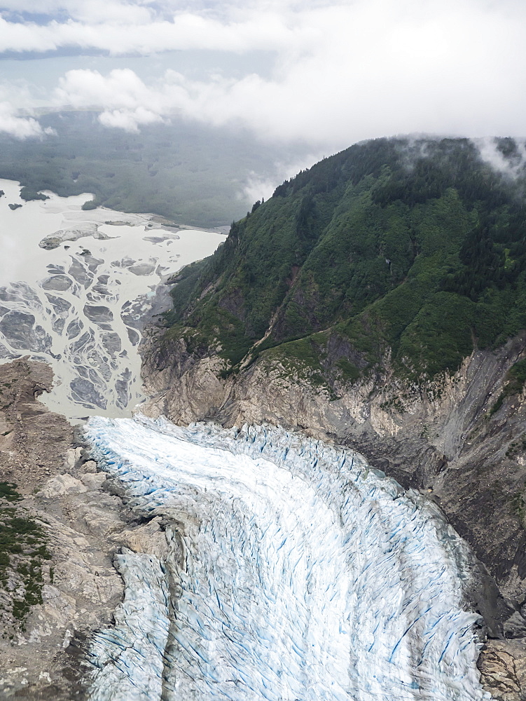 Aerial view of the Davidson Glacier, a valley glacier formed in the Chilkat Range near Haines, Alaska, United States of America