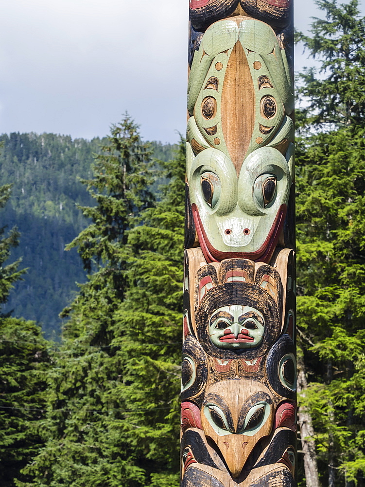 Detail of a totem pole on display at Sitka National Historical Park in Sitka, Baranof Island, Southeast Alaska, United States of America