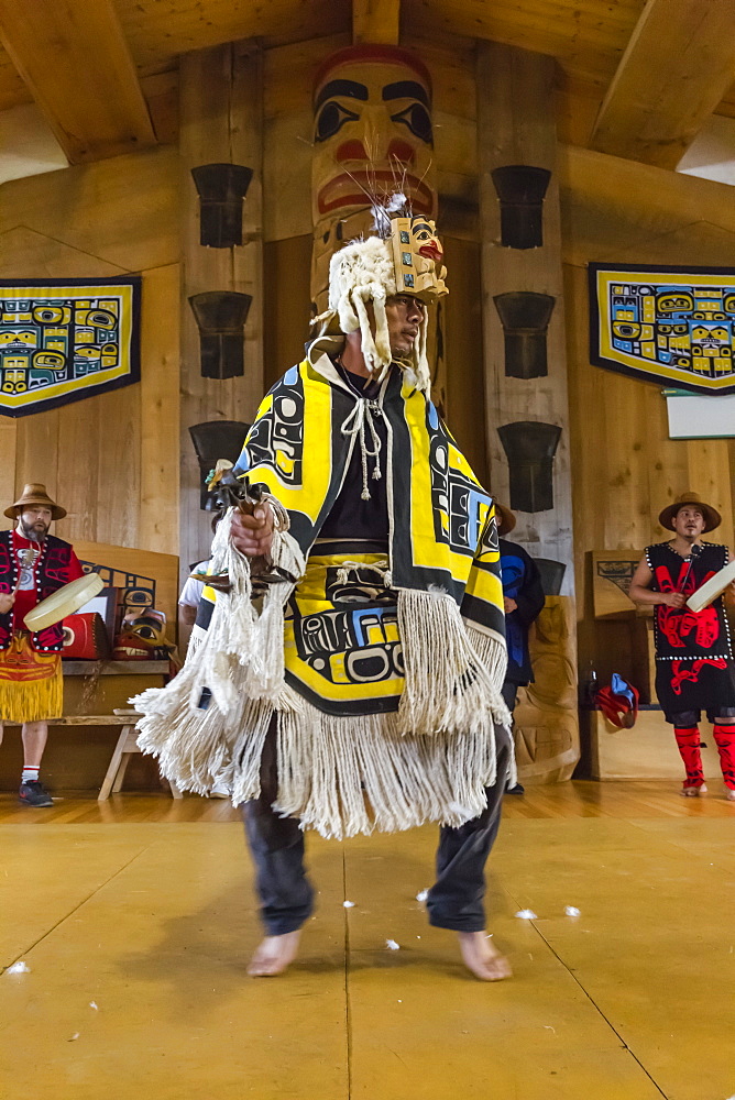 Native dancers in traditional Haida dancing regalia, Old Masset, Haida Gwaii, British Columbia, Canada, North America