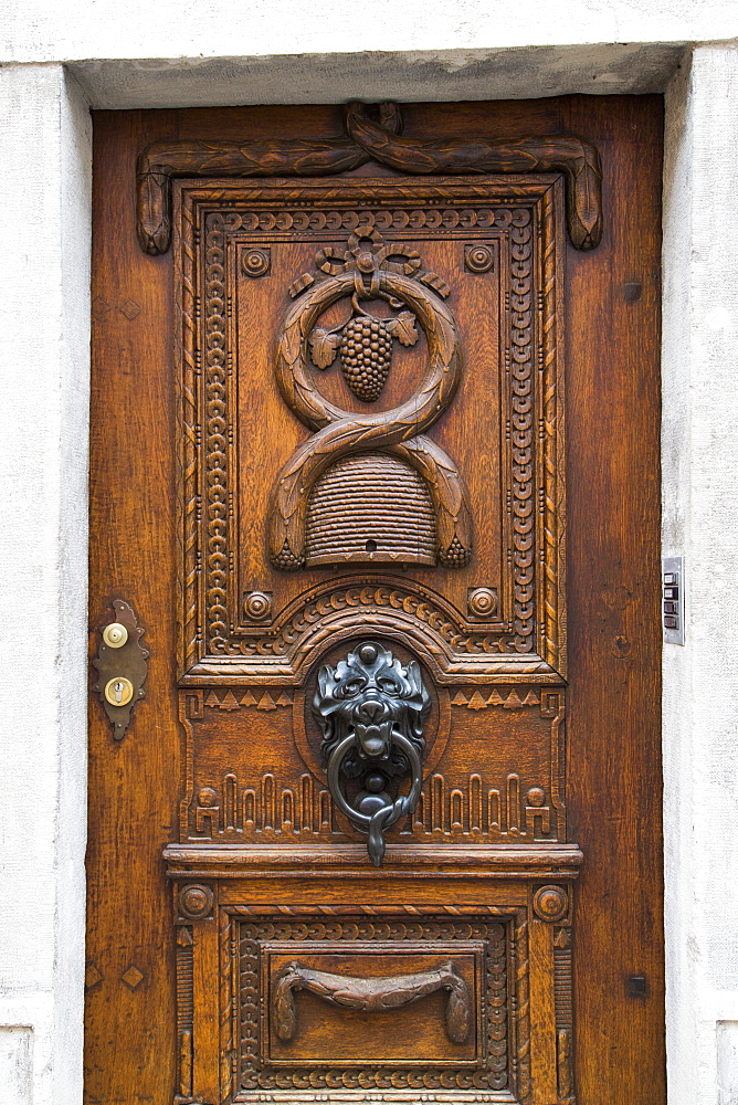 Ornamental wooden door, Eichstaett, Altmuehltal, Franconia, Bavaria, Germany