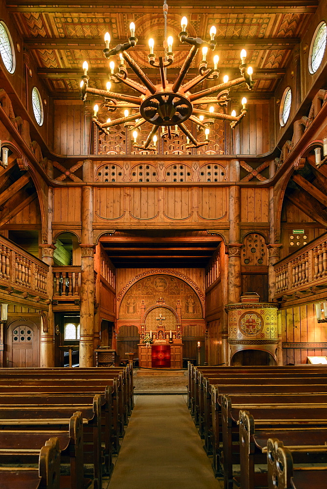 Interior of the Stave church in Hahnenklee, Harz, Lower-Saxony, Germany, Europe