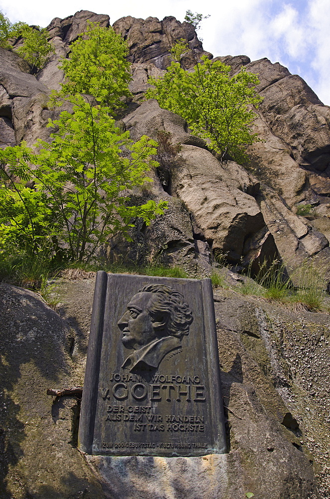 Goethe Rocks with inscript, Bode gorge near Thale, Harz, Saxony-Anhalt, Germany, Europe