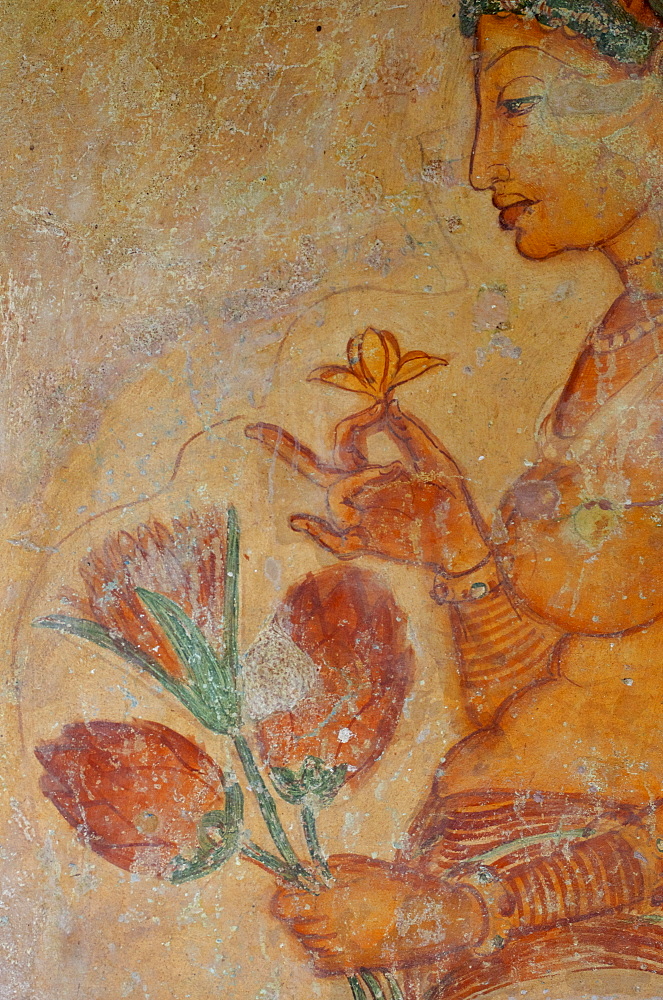 Female spirit of the clouds and waters, Apsara, frescos from the 5th century at lion rocks, Simha Gira, Sigiriya, Matale Distict, Kulturdreieck, Sri Lanka