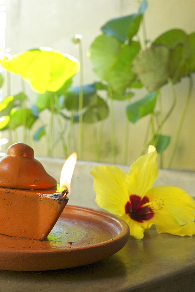 Oil lamp in the Ayurveda spa, Jetwing Hotel Vil Uyana, Sigiriya, Matale Distict, cultural triangle, Sri Lanka