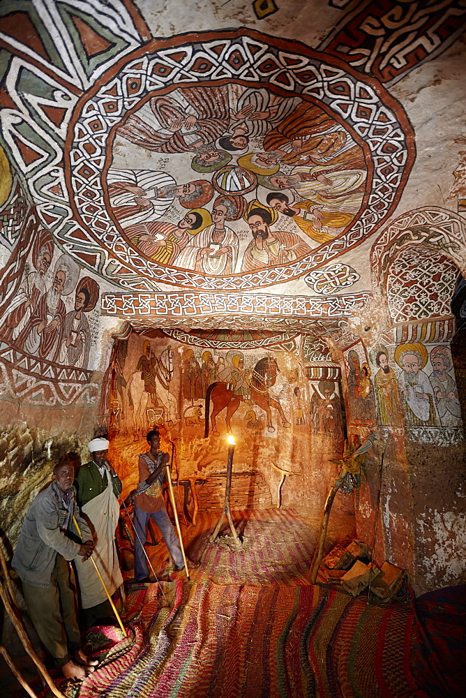 Priests and deacons inside Abuna Yemata Guh church, nine apostles on a fresco, Hawzien, Tigray Region, Ethiopia