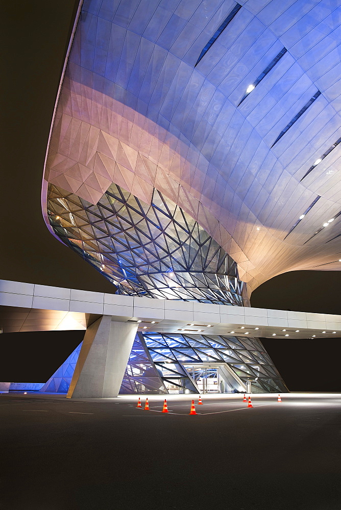 Helix BMW Welt with colorful lighting, BMW Welt, Munich, Bavaria, Germany