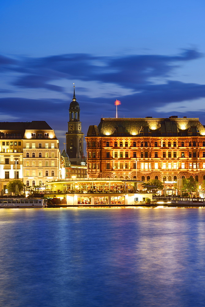 Binnenalster at night with illuminated church St. Michaelis, Binnenalster, Hamburg, Germany