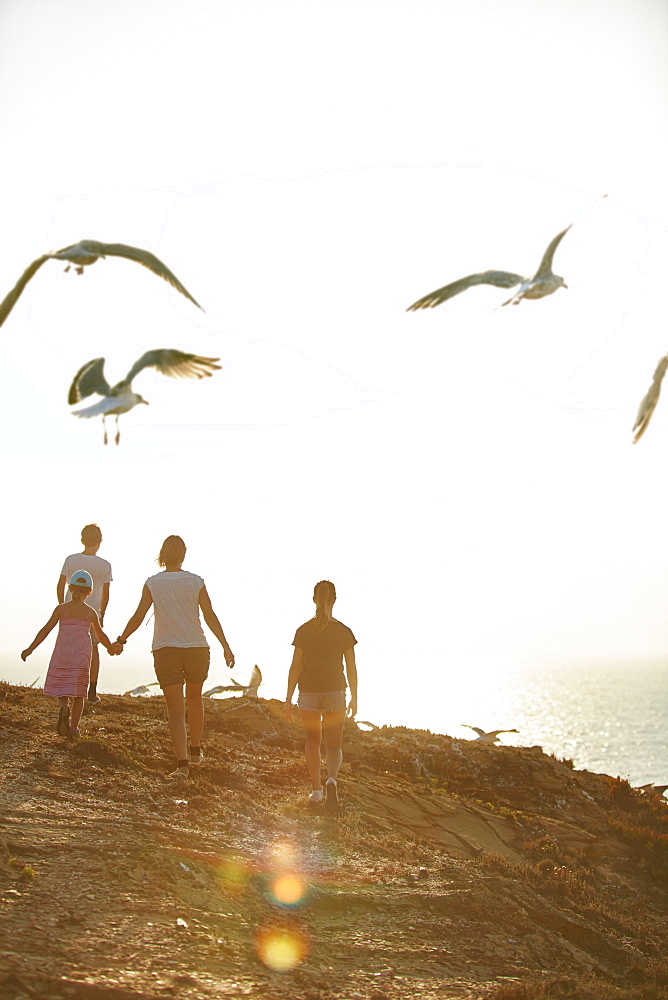 Young family walking along the steep coast, Rota Vicentina, Portugal