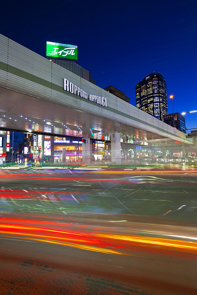 Long exposure of Roppongi Crossing at night, Minato-ku, Tokyo, Japan