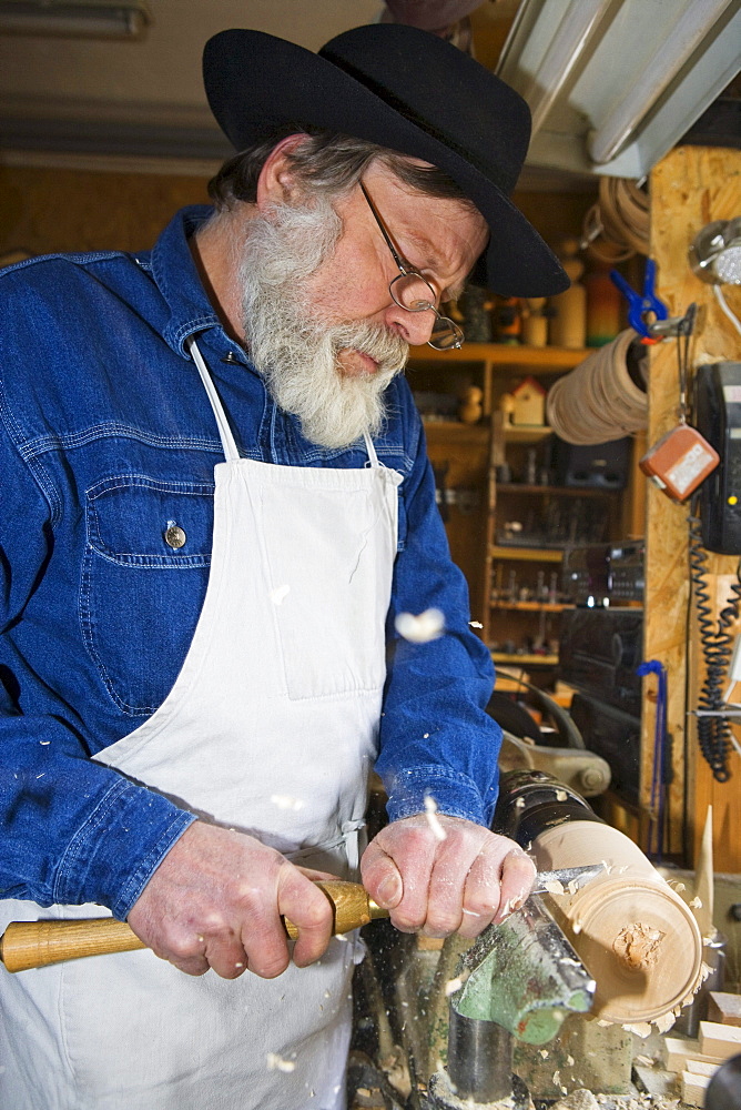 Man woodturning, Ore mountains, Saxony, Germany