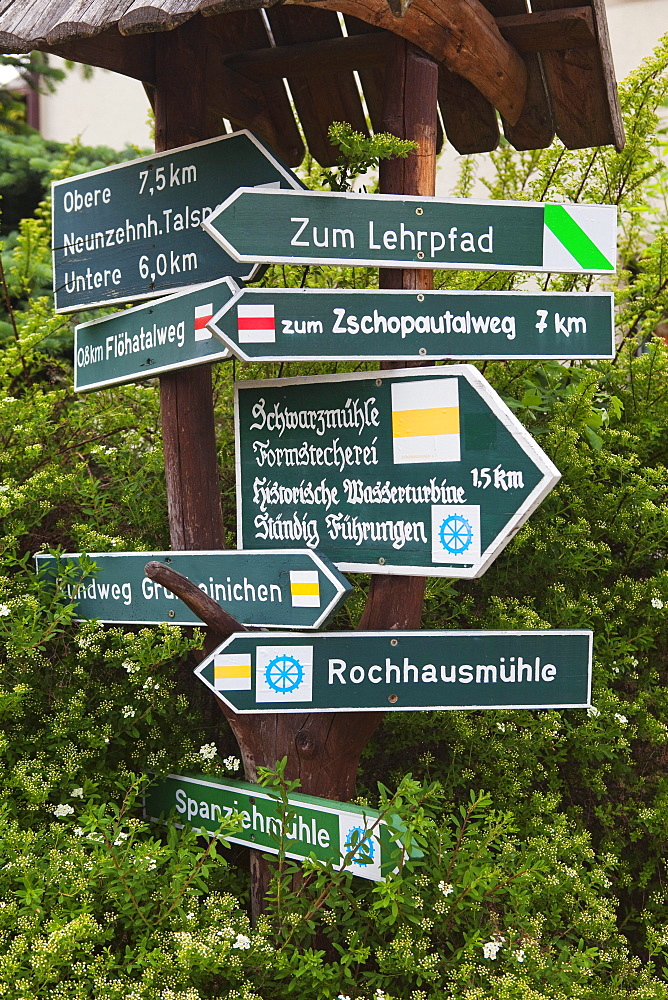 Sign post, Gruenhainichen, Ore mountains, Saxony, Germany